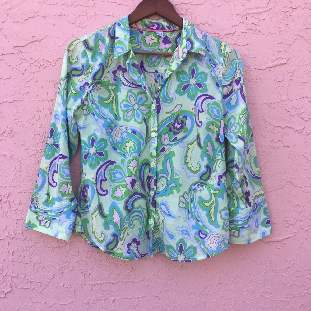 Izod Paisley Floral Print Button Down Shirt Preppy Pastel Sporty